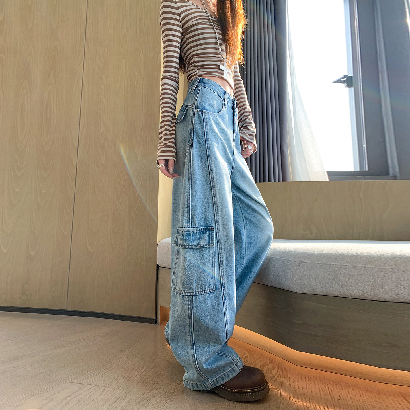 浅蓝美式工装阔腿牛仔裤女春新款宽松遮肉多口袋ins潮流拖地长裤,女装/女士精品,牛仔裤,淘宝优惠券,粉丝福利购,淘宝优惠卷