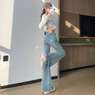 显瘦小个子加绒喇叭裤 气质高腰修身 女春季 高腰弹力微喇叭牛仔长裤