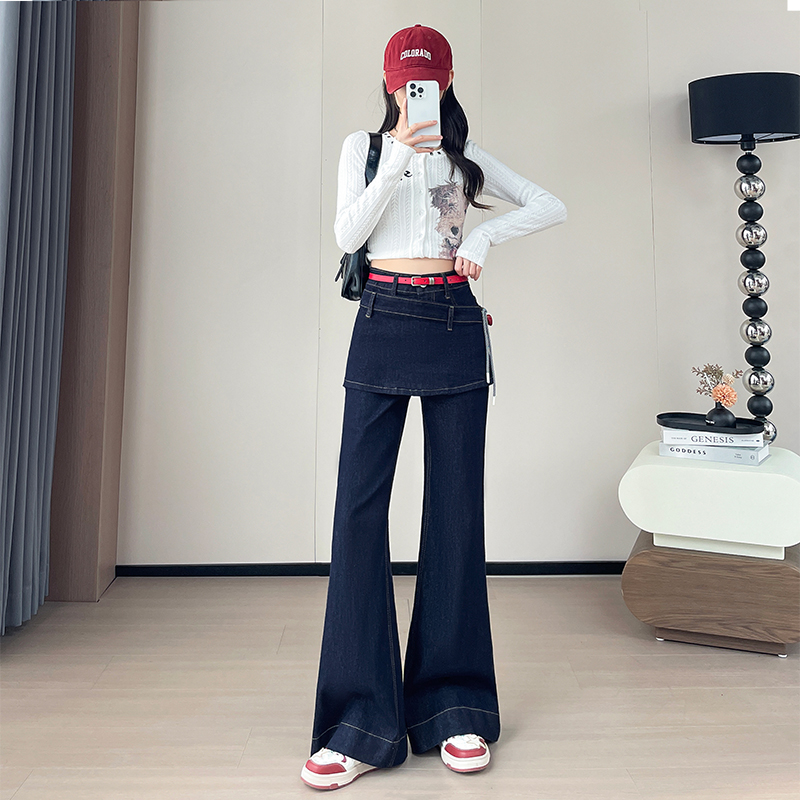 甜甜拼接遮屁帘九分微喇牛仔裤女设计感邦带高腰弹力气质喇叭长裤