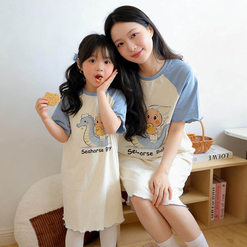 夏季薄款纯棉亲子睡衣儿童女孩小兔子母女高中女宝宝五岁女童睡裙