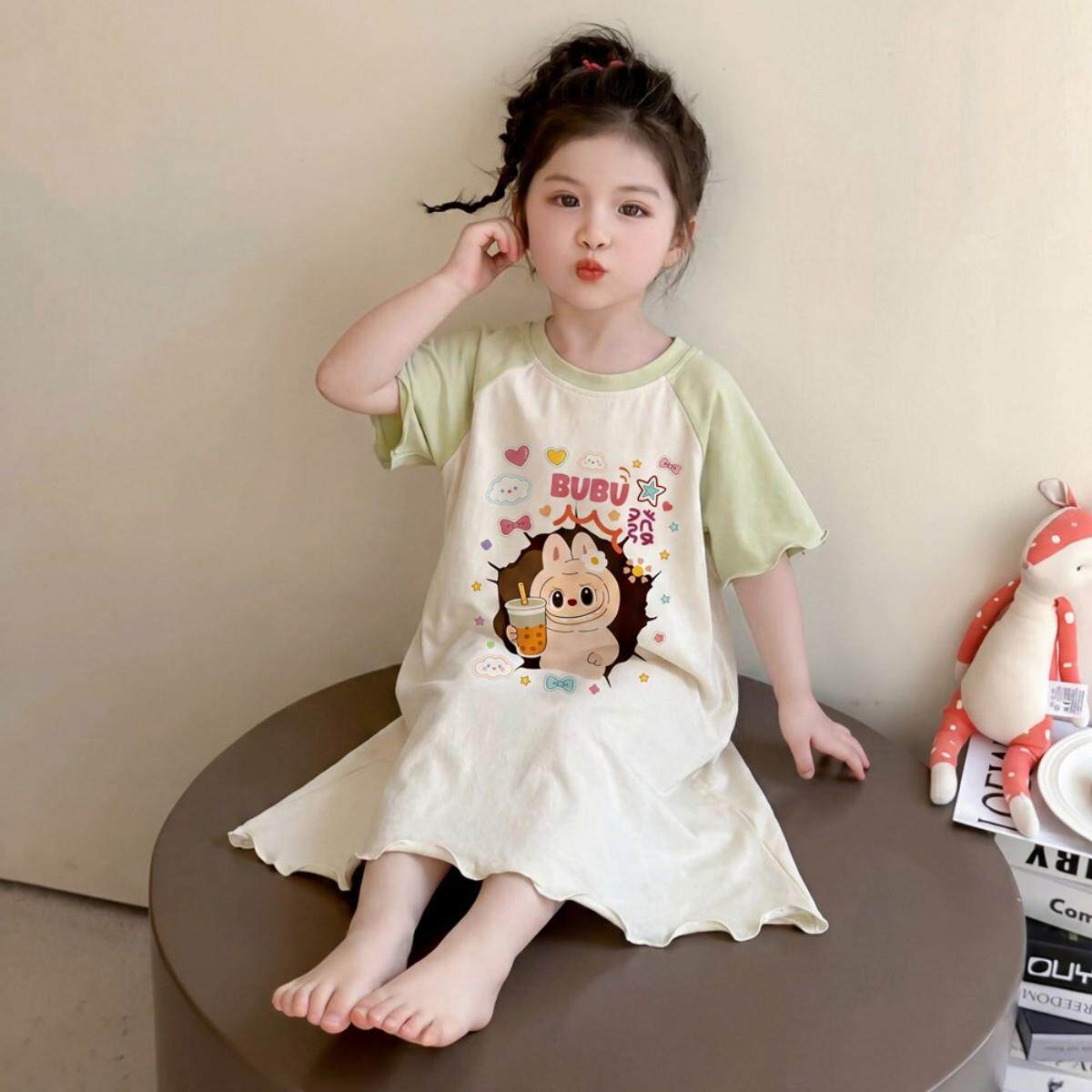 夏季薄款纯棉睡衣儿童条纹花朵女孩夏天十二岁胖童高中生女童睡裙