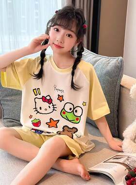 女孩儿童薄款夏季短袖短裤十周岁十四岁初中生青少年孩子女童睡衣