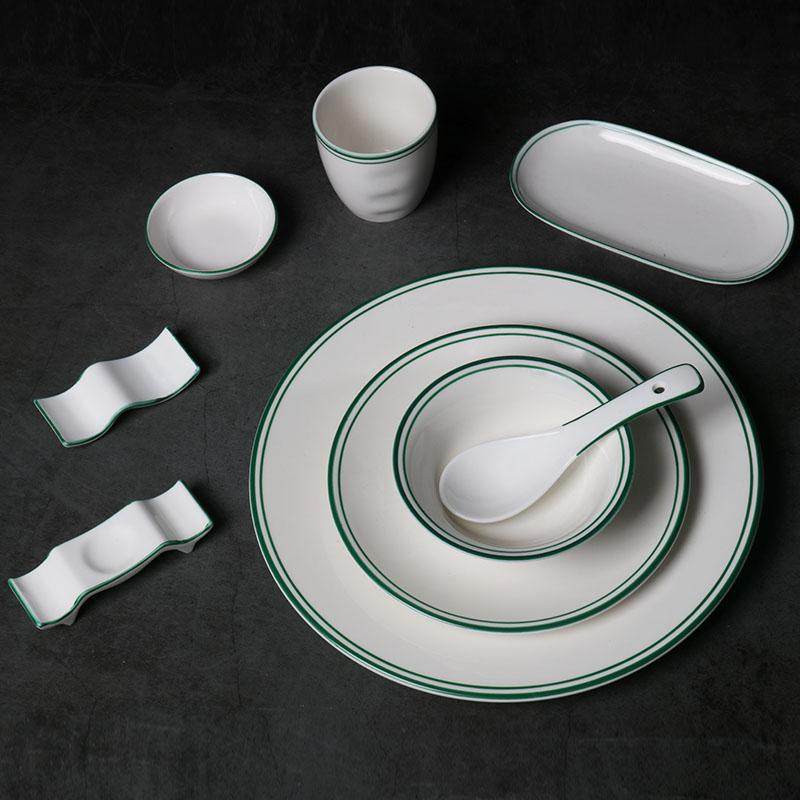 酒店摆台五件套陶瓷碗盘碟杯火锅台面餐厅饭店绿线边餐具定制LOGO,餐饮具,瓷器套装,淘宝优惠券,粉丝福利购,淘宝优惠卷