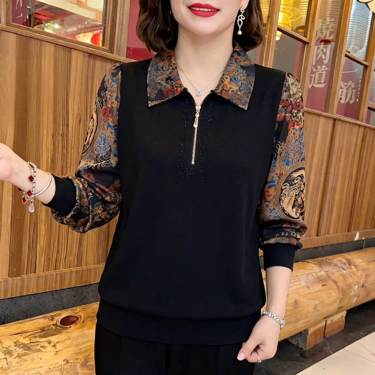 民族风印花拼接妈妈衬衫2026春季新款时尚翻领宽松遮肉显瘦上衣女
