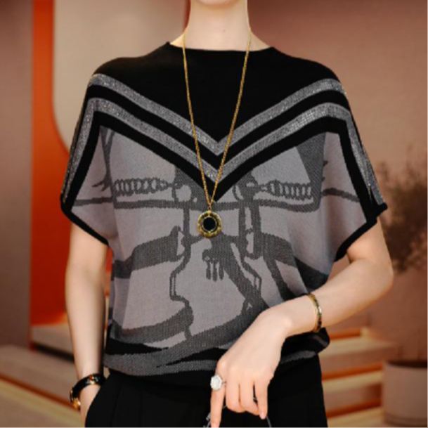 时尚圆领短袖针织衫女提花