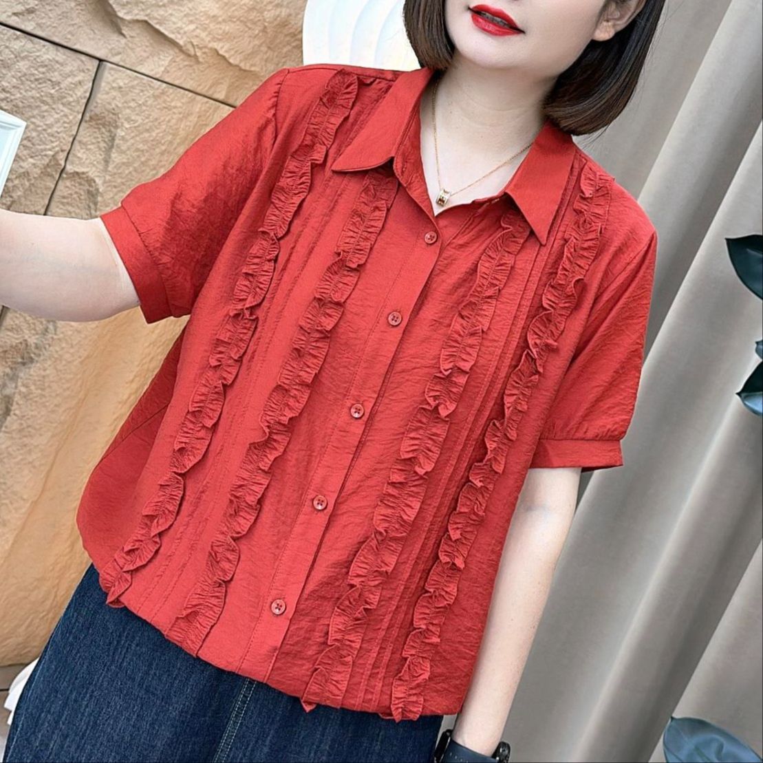 宽松潮流设计感女短袖衬衫