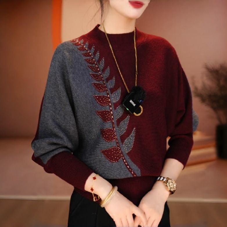 2025秋冬新款宽松休闲减龄长袖针织衫提花烫钻小衫妈妈装上衣毛衣