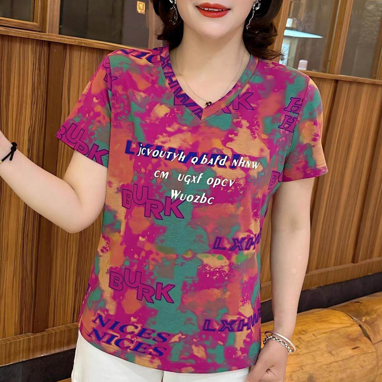2026夏季新款百搭彩色短袖T恤花色V领小衫气质上衣遮肉减龄妈妈装