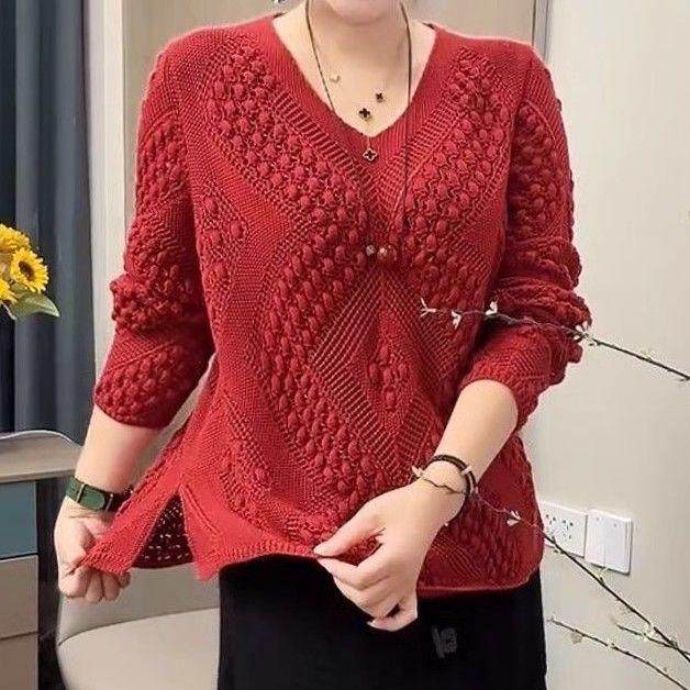 新款洋气针织休闲长袖女上衣秋季V领镂空宽松显瘦遮肉大码毛衣潮,女装/女士精品,毛针织衫,淘宝优惠券,粉丝福利购,淘宝优惠卷