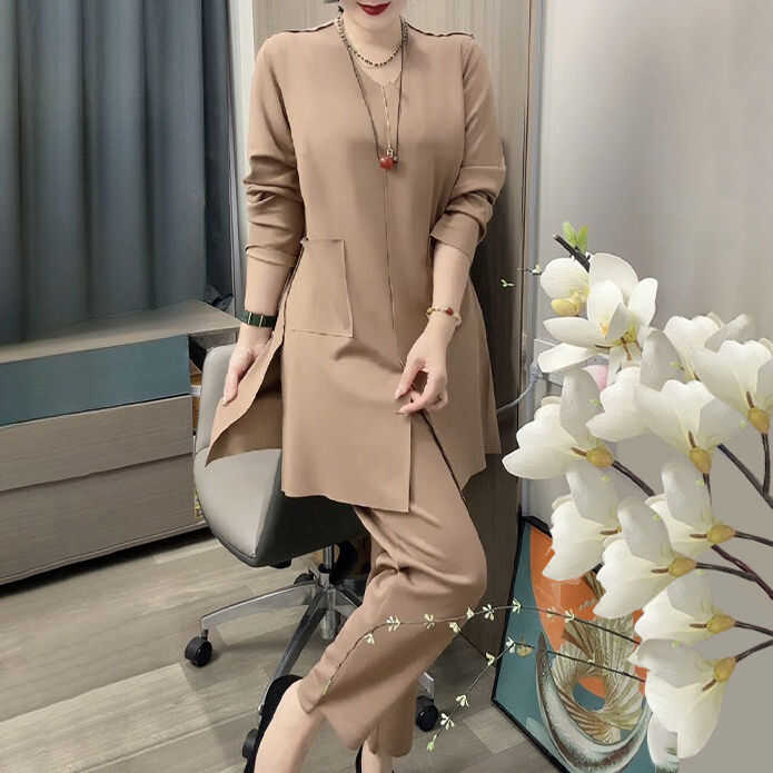 双兜开叉休闲裤中长款妈妈上衣
