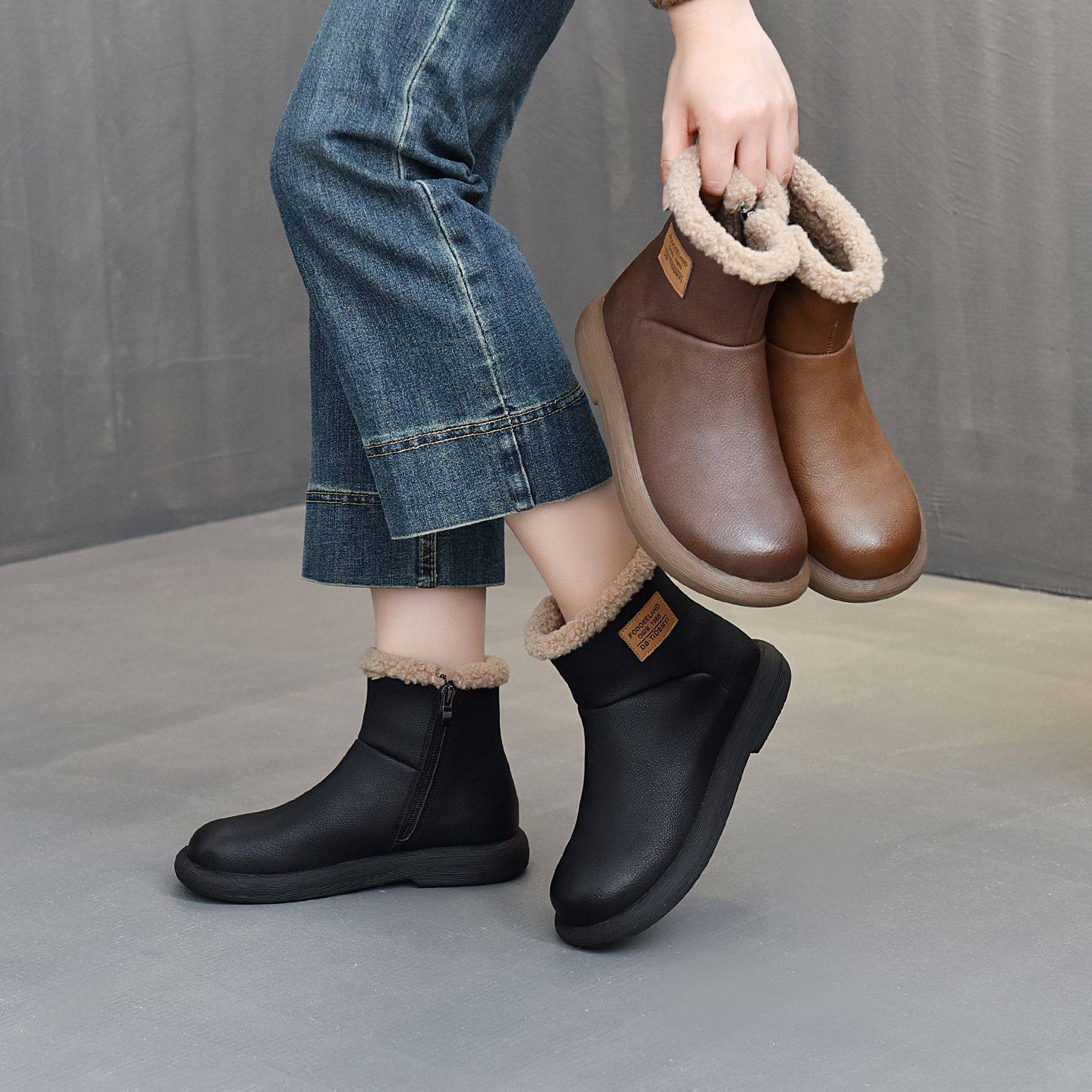 真皮雪地靴女2025冬季新款加绒保暖平底短靴复古百搭休闲高帮棉鞋,女鞋,棉鞋,淘宝优惠券,粉丝福利购,淘宝优惠卷