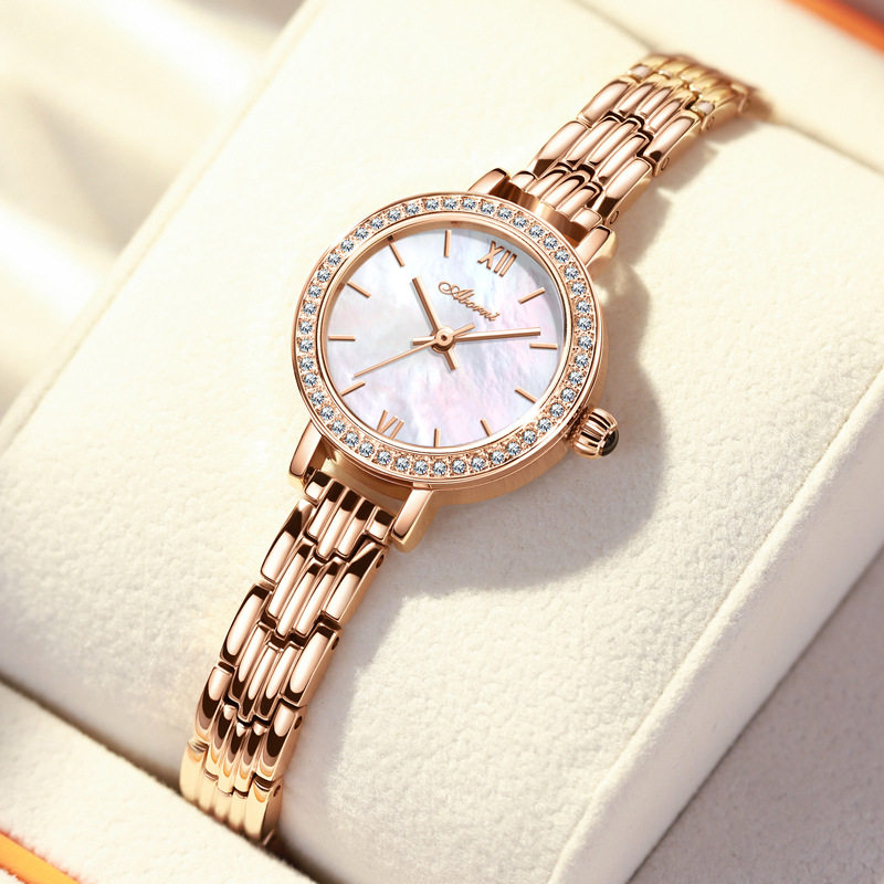 亚铂尼品牌手表女新款时尚简约镶钻轻奢小众贝母小表盘防水石英表