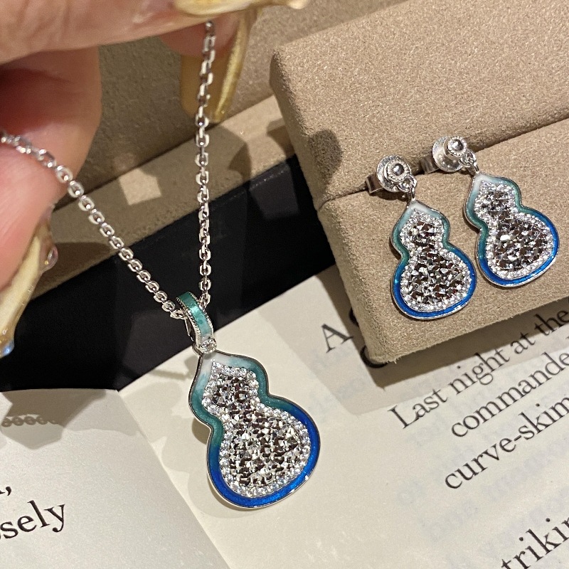 法式轻奢中古风碎冰冰滴釉葫芦耳钉项链国潮复古福禄吊坠精致套装