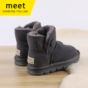 MEET牛皮透气儿童雪地靴真皮加绒宝宝棉鞋 女童短靴男童防滑雪地棉