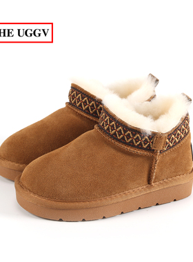 儿童一脚蹬雪地靴磨砂牛皮宝宝加绒棉鞋真皮防滑短靴民族风童鞋