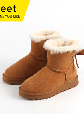 MEET羊皮毛一体雪地靴贝莉蝴蝶结短靴真皮防滑冬季羊毛靴子女棉鞋