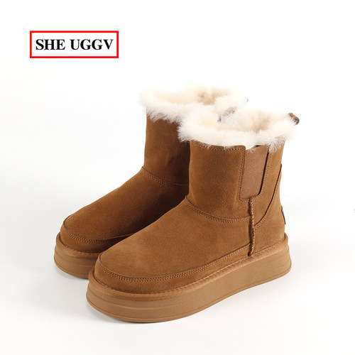 牛皮加绒加厚雪地靴女士短筒冬季