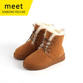 MEET磨砂牛皮雪地靴女皮毛一体马丁靴加厚羊毛系带防滑短靴棉鞋