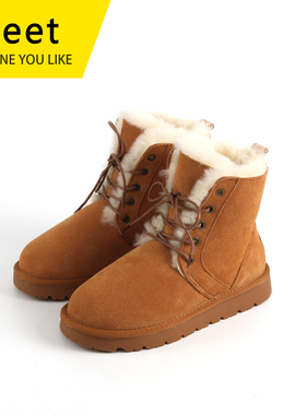 MEET磨砂牛皮雪地靴女皮毛一体马丁靴加厚羊毛系带防滑短靴棉鞋