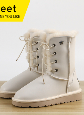 MEET羊皮毛一体高筒雪地靴女加厚系带棉鞋女神款冬季羊毛防滑靴子