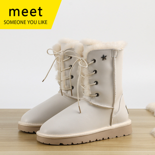 MEET羊皮毛一体高筒雪地靴女加厚系带棉鞋女神款冬季羊毛防滑靴子