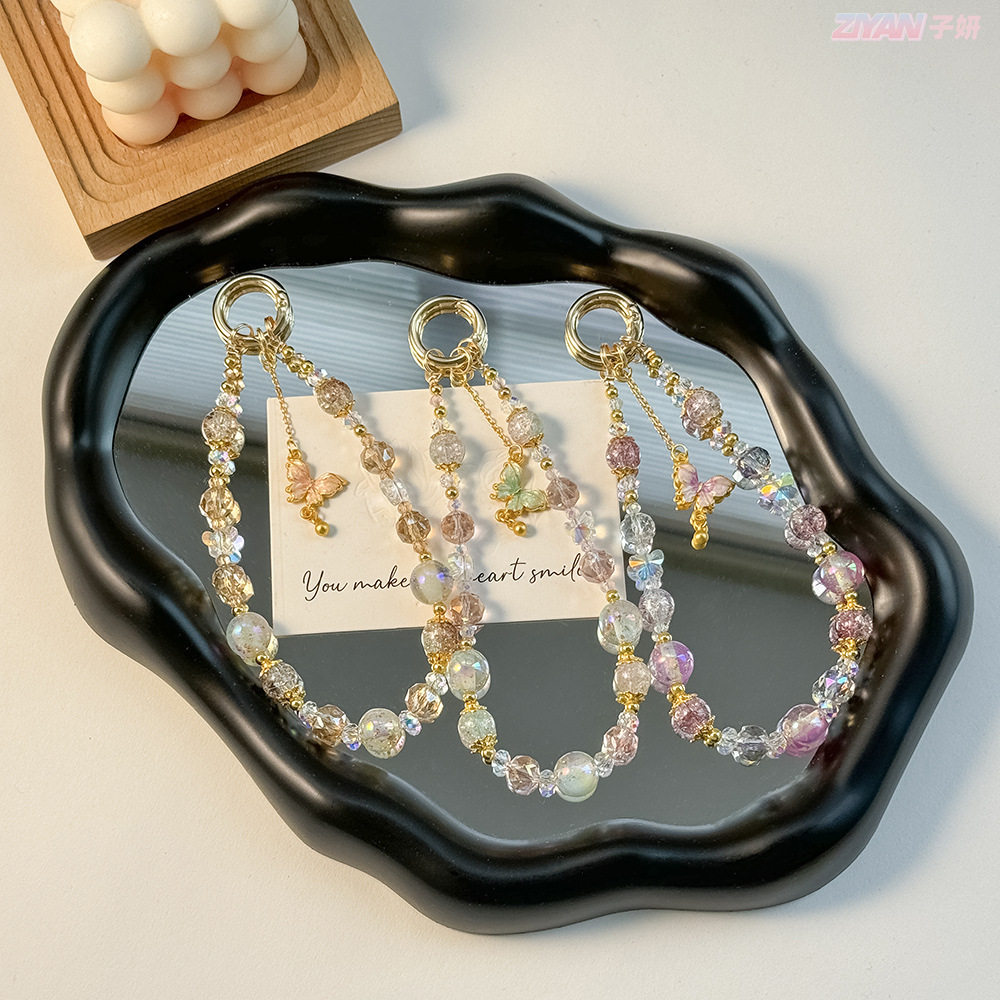 轻奢风原创串珠爆米花水晶珠手机链合金蝴蝶高级感金箔珠手机链女