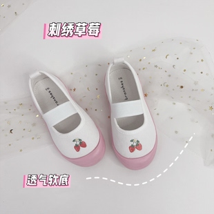 bra*原单女童帆布鞋草莓浅口单鞋粉色公主鞋春夏幼儿园软底小白鞋