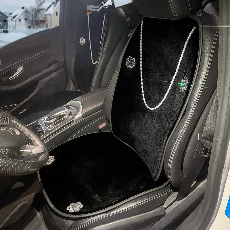 山茶花珍珠毛绒冬季汽车坐垫时尚女士车用座垫套单个垫三件套黑色