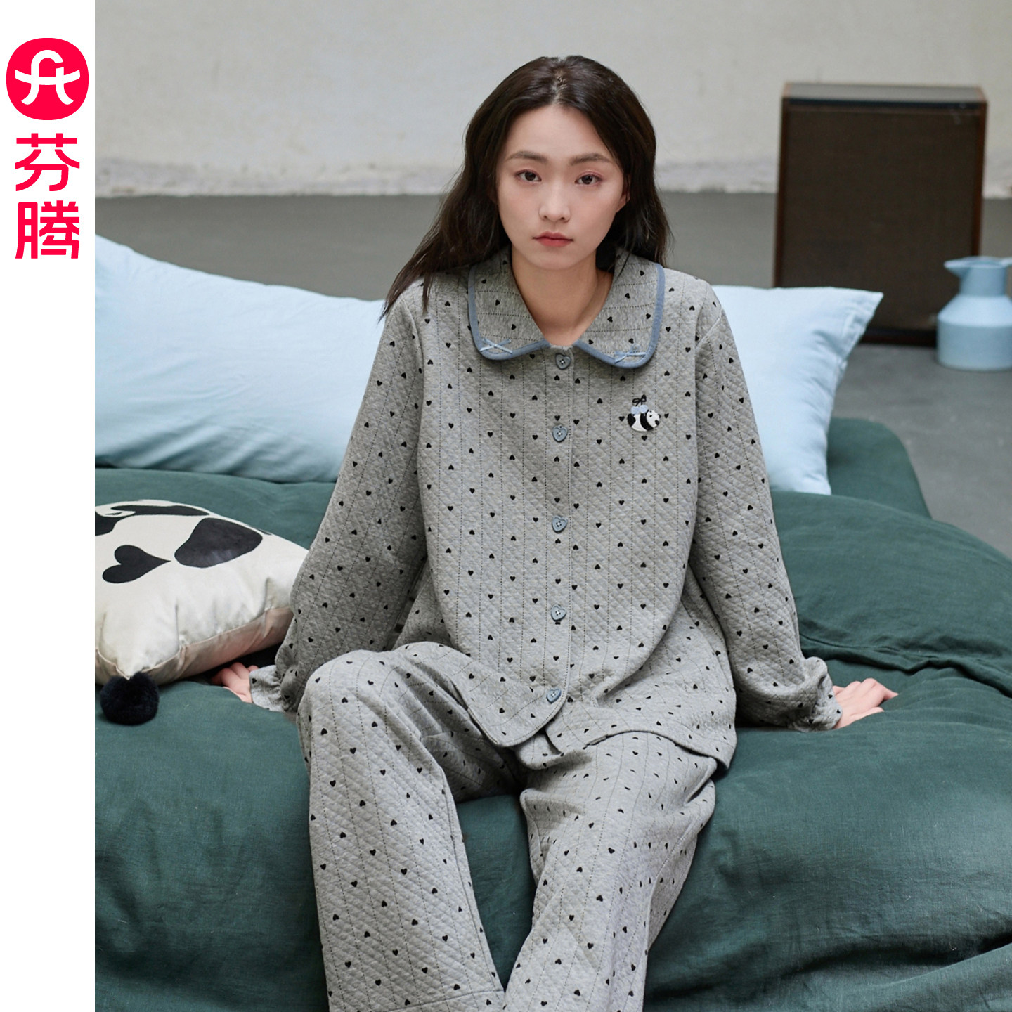 芬腾睡衣女款秋冬季空气层夹棉长袖长裤女款套装加大码保暖家居服