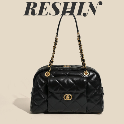 RESHIN2024秋新款头层牛皮女包菱格保龄球波士顿包链条真皮腋下包