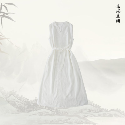 品牌新款时尚V领亚麻刺绣无袖连衣裙527010