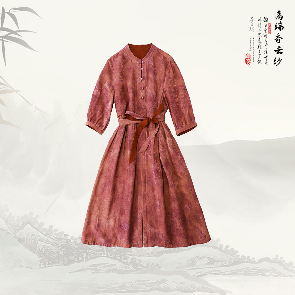 品牌新款晕染印花中袖立领单排扣收腰系带气质连衣裙516172