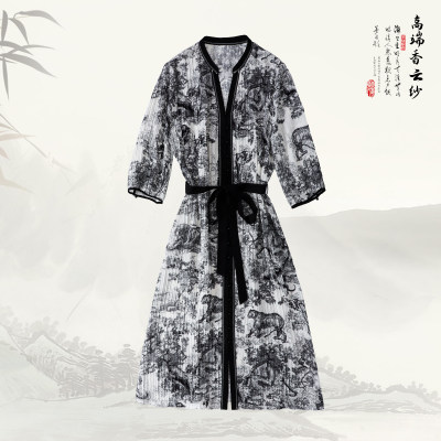 【丛林日记】品牌新款桑蚕丝水墨新中式国风V领短袖连衣裙519918