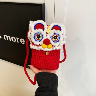 儿童包2025新款喜庆红色钩织毛线包小众醒狮女童亲子斜挎包零钱包