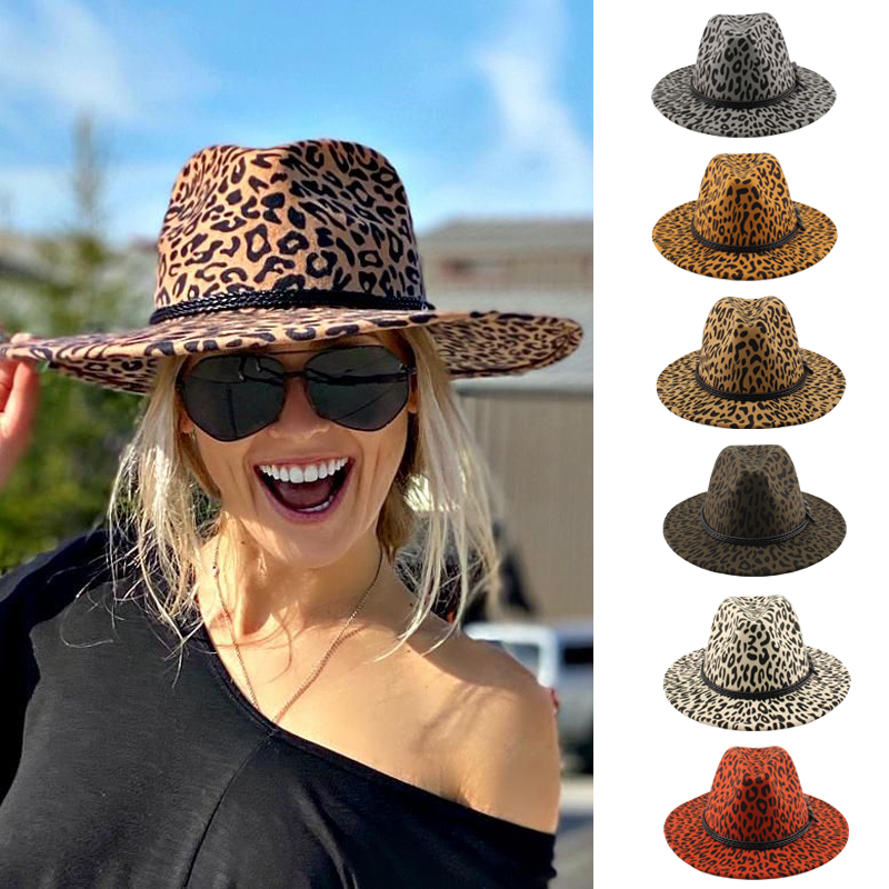 豹纹羊毛呢春秋冬季宽檐大礼帽