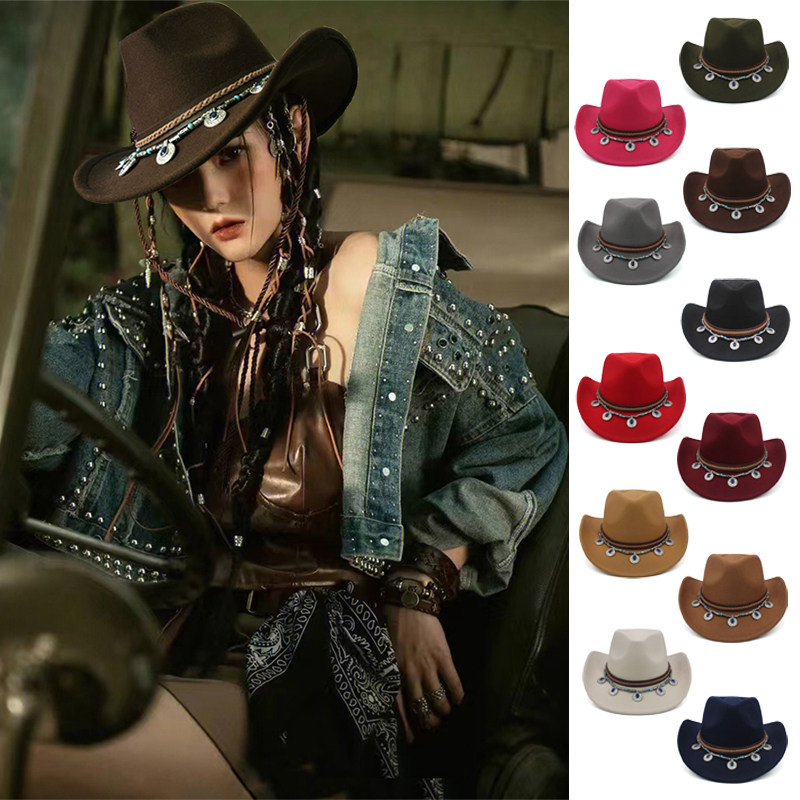 2种帽檐宽度西部牛仔帽春秋冬男女保暖毛呢欧美骑马宽檐礼帽