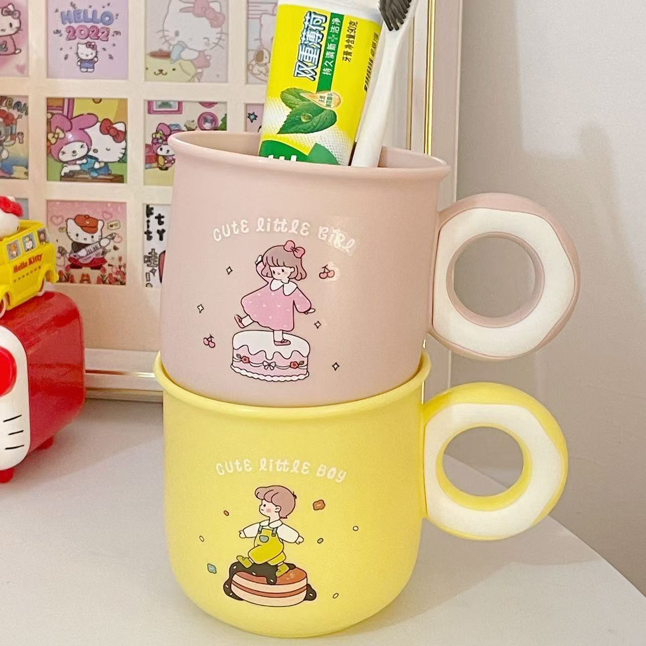 甜甜圈家用儿童宝宝刷牙杯卡通可爱塑料耐摔喝水杯Ins风简约牙缸