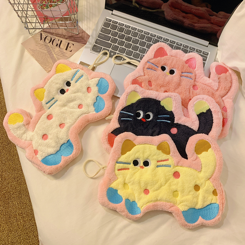 珊瑚绒可爱猫咪挂式擦手巾加厚超强吸水毛巾卫生间搽手帕厨房抹布