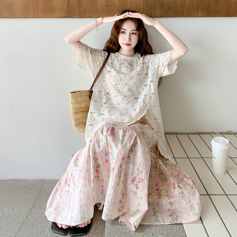 温柔系穿搭绝美蕾丝短袖上衣套装裙女夏新款显瘦碎花半身裙两件套,女装套装/套裙,2C196