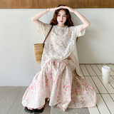 温柔系穿搭绝美蕾丝短袖上衣套装裙女夏新款显瘦碎花半身裙两件套，女装套装/套裙，2C196