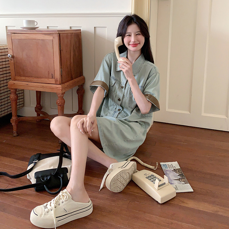 港味复古牛仔连衣裙女2025夏季新款韩系减龄小个子设计感工装裙子,女装连衣裙,2C196
