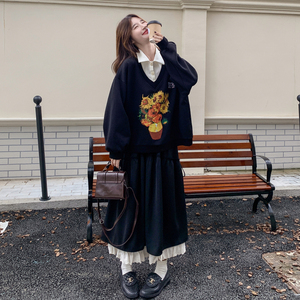 黑色假两件Polo领印花卫衣套装裙女2025秋松弛感减龄半身裙两件套图片