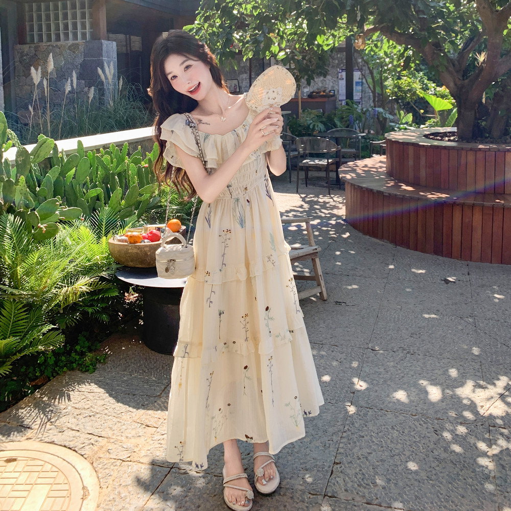 海边度假风一字肩吊带连衣裙女2025夏季新款甜美气质收腰碎花长裙,女装连衣裙,2C196