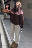 撞色连帽短款工装派克服女冬季2024新款小个子宽松加绒冲锋衣棉服，女装短外套，2C196