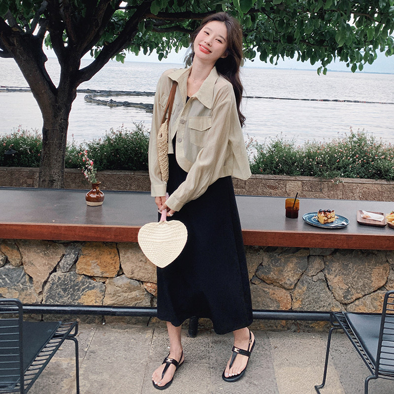 度假风黑色无袖背心连衣裙女夏2025新款防晒衬衫吊带长裙两件套装,女装套装/套裙,2C196