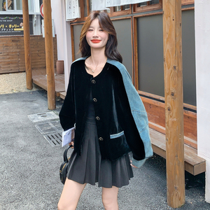 慵懒风牛仔拼接丝绒外套女2025秋季新款韩版氛围感显瘦圆领夹克潮图片