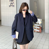 藏青色休闲西装外套女2025年秋季新款设计感气质时尚格纹拼接西服，女装西装，2C196