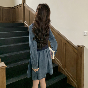 蓝色复古假两件牛仔连衣裙女2025年春季新款韩版小个子气质衬衫裙图片