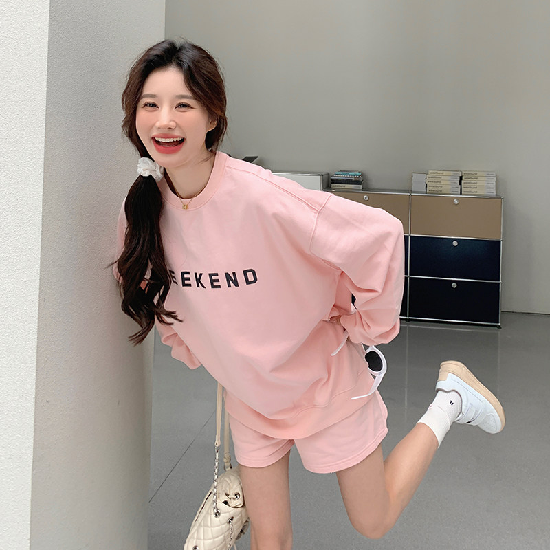 甜美减龄粉色卫衣套装女春秋2025新款小个子慵懒风百搭短裤两件套,女装套装/套裙,2C196