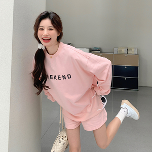 甜美减龄粉色卫衣套装女春秋2025新款小个子慵懒风百搭短裤两件套图片